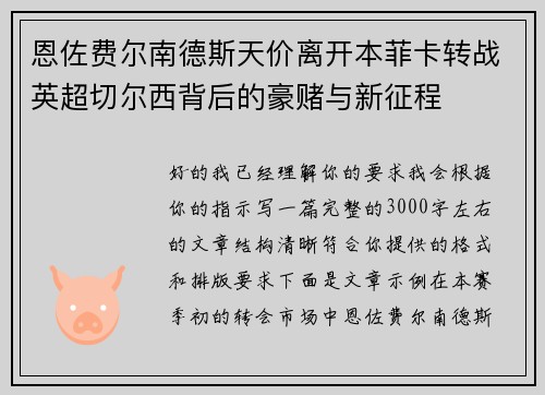 恩佐费尔南德斯天价离开本菲卡转战英超切尔西背后的豪赌与新征程